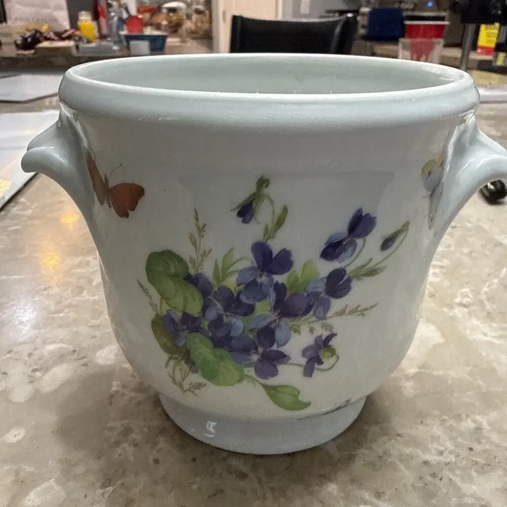 Vignaud Limoges France Hand Decorated Porcelain Planter Cachepot Violets